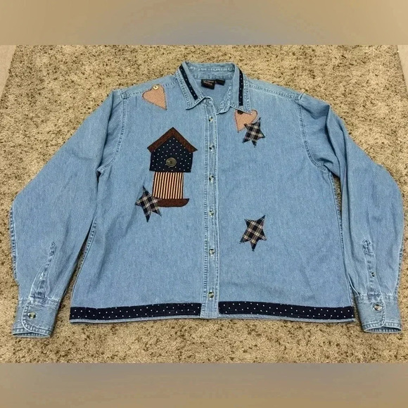 Women’s Denim Patches Patriotic US American Flag Button Down Shirt Top Large - Picture 2 of 10